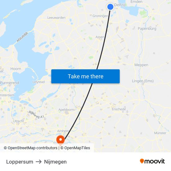 Loppersum to Nijmegen map