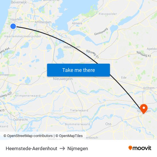 Heemstede-Aerdenhout to Nijmegen map
