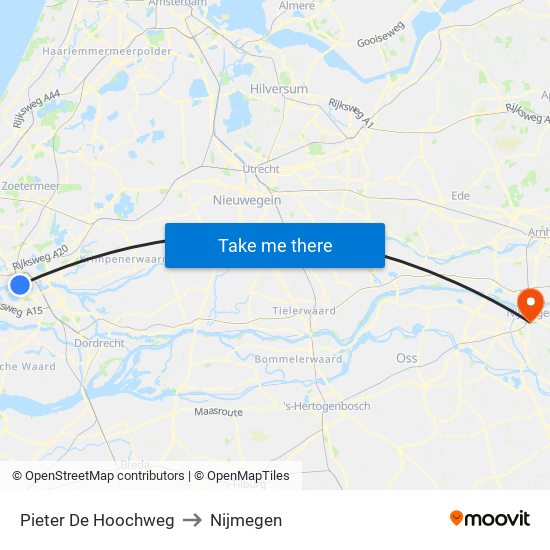 Pieter De Hoochweg to Nijmegen map