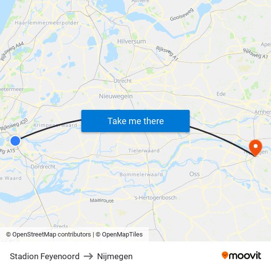Stadion Feyenoord to Nijmegen map