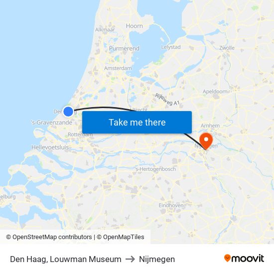 Den Haag, Louwman Museum to Nijmegen map
