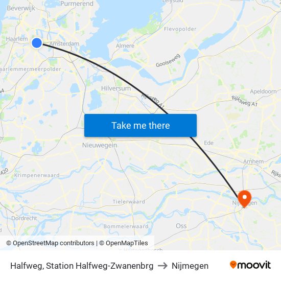 Halfweg, Station Halfweg-Zwanenbrg to Nijmegen map