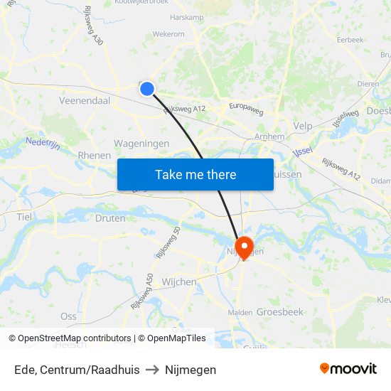 Ede, Centrum/Raadhuis to Nijmegen map