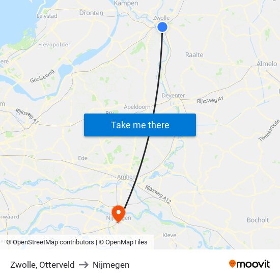 Zwolle, Otterveld to Nijmegen map