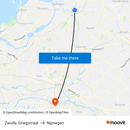 Zwolle, Griegstraat to Nijmegen map
