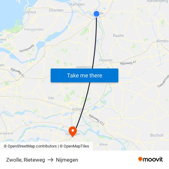 Zwolle, Rieteweg to Nijmegen map