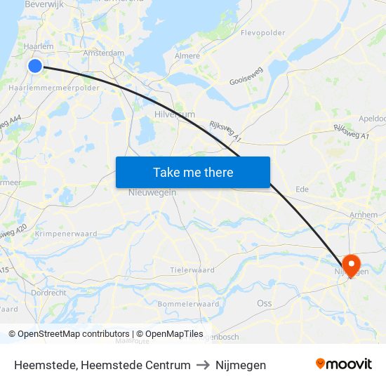 Heemstede, Heemstede Centrum to Nijmegen map