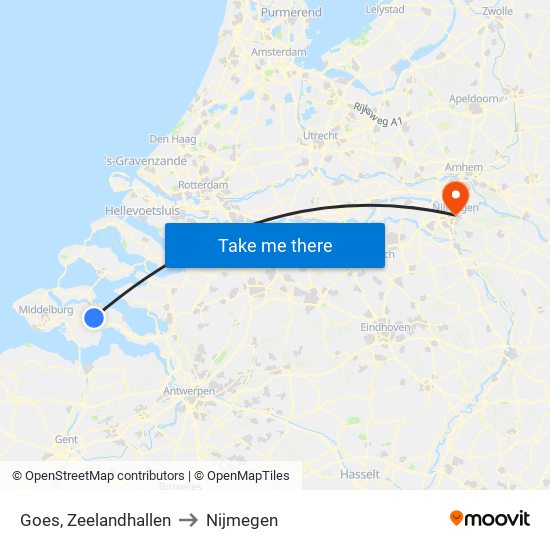 Goes, Zeelandhallen to Nijmegen map