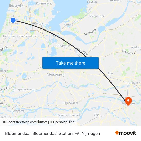 Bloemendaal, Bloemendaal Station to Nijmegen map