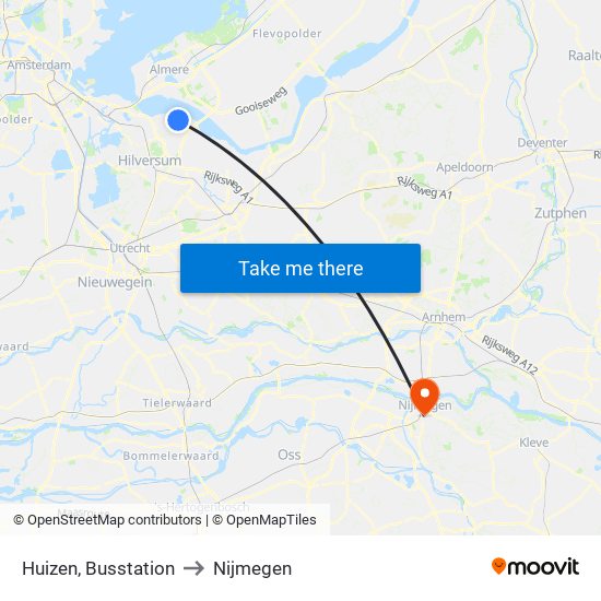 Huizen, Busstation to Nijmegen map