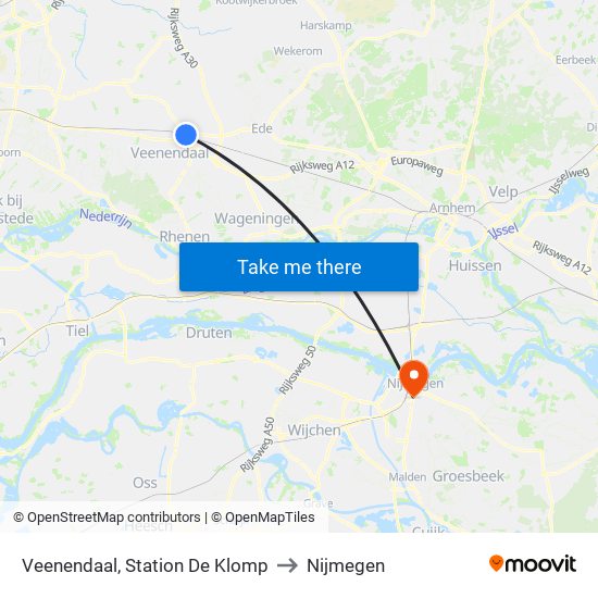 Veenendaal, Station De Klomp to Nijmegen map