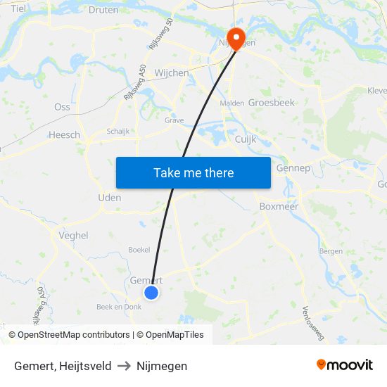 Gemert, Heijtsveld to Nijmegen map