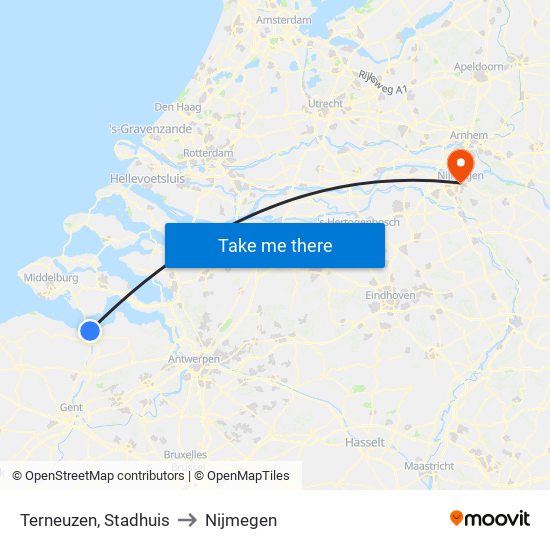 Terneuzen, Stadhuis to Nijmegen map