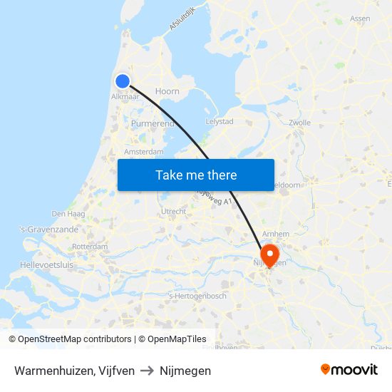 Warmenhuizen, Vijfven to Nijmegen map