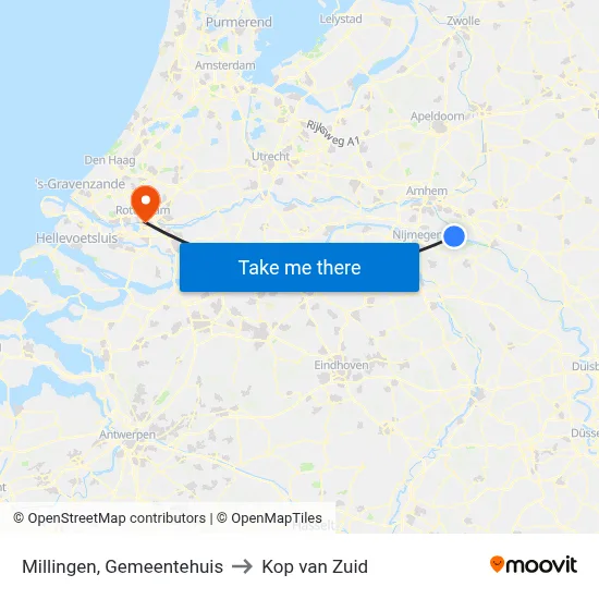 Millingen, Gemeentehuis to Kop van Zuid map