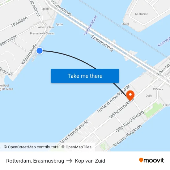 Rotterdam, Erasmusbrug to Kop van Zuid map