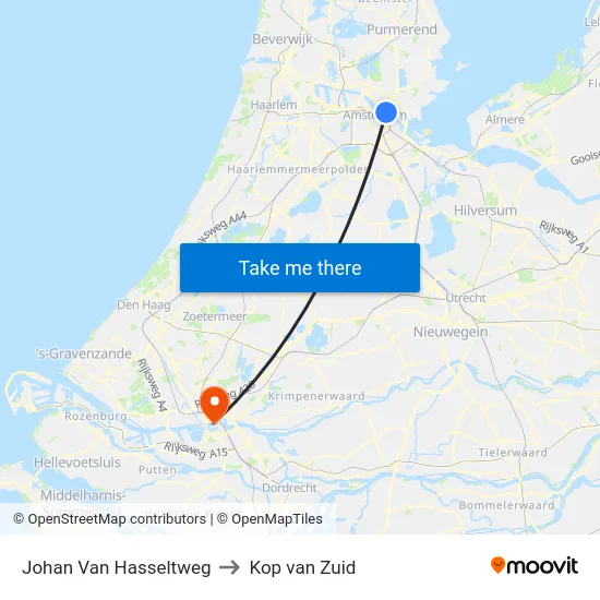 Johan Van Hasseltweg to Kop van Zuid map