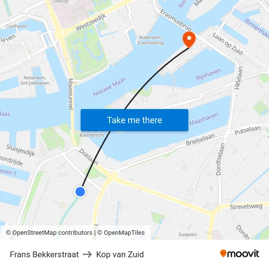 Frans Bekkerstraat to Kop van Zuid map