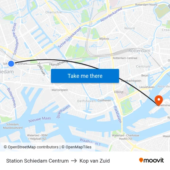 Station Schiedam Centrum to Kop van Zuid map