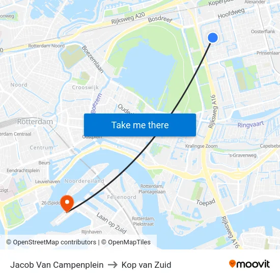 Jacob Van Campenplein to Kop van Zuid map