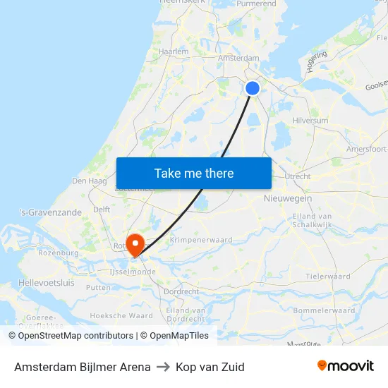 Amsterdam Bijlmer Arena to Kop van Zuid map