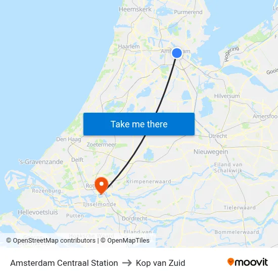 Amsterdam Centraal Station to Kop van Zuid map