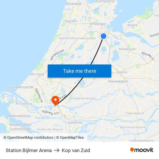 Station Bijlmer Arena to Kop van Zuid map