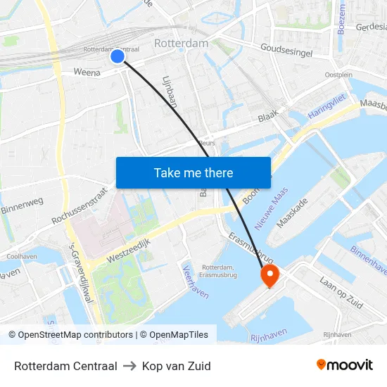 Rotterdam Centraal to Kop van Zuid map
