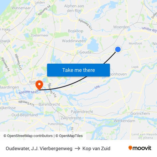 Oudewater, J.J. Vierbergenweg to Kop van Zuid map