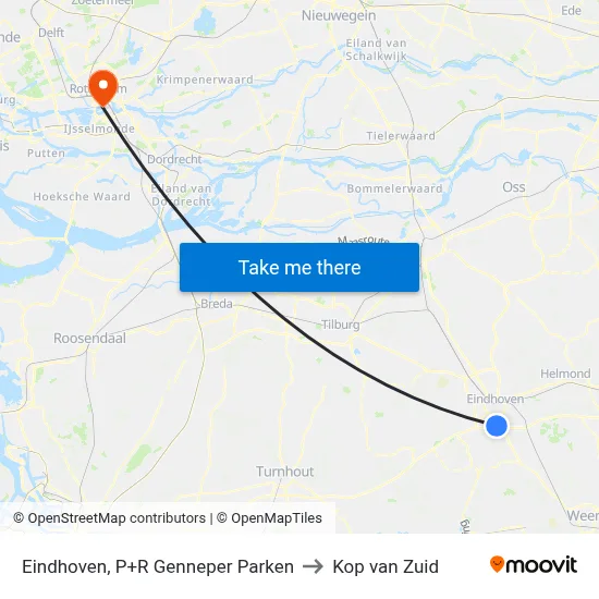 Eindhoven, P+R Genneper Parken to Kop van Zuid map