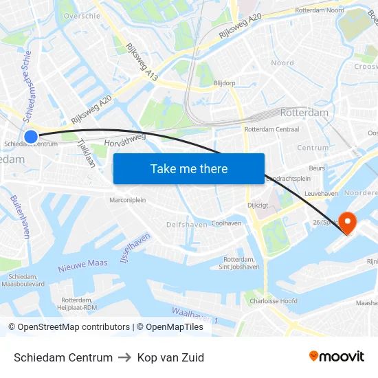 Schiedam Centrum to Kop van Zuid map
