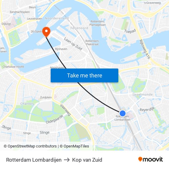 Rotterdam Lombardijen to Kop van Zuid map