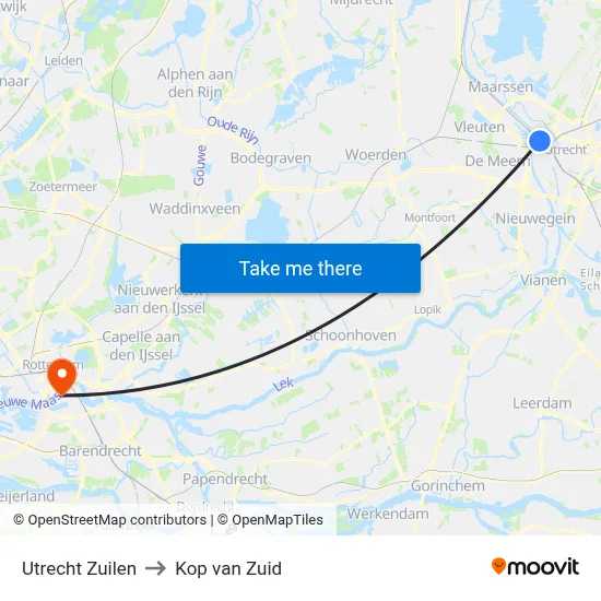 Utrecht Zuilen to Kop van Zuid map