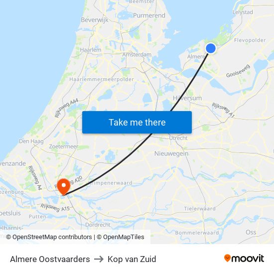 Almere Oostvaarders to Kop van Zuid map