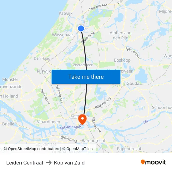 Leiden Centraal to Kop van Zuid map
