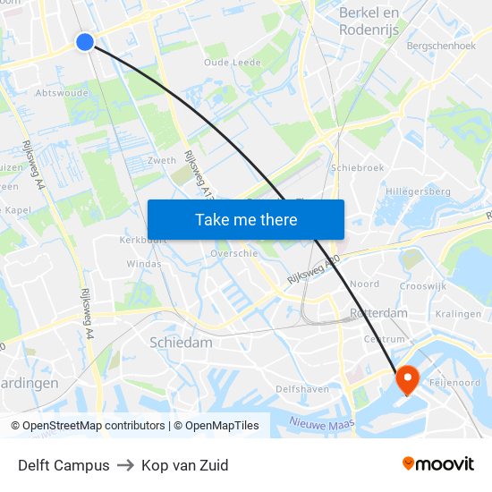 Delft Campus to Kop van Zuid map