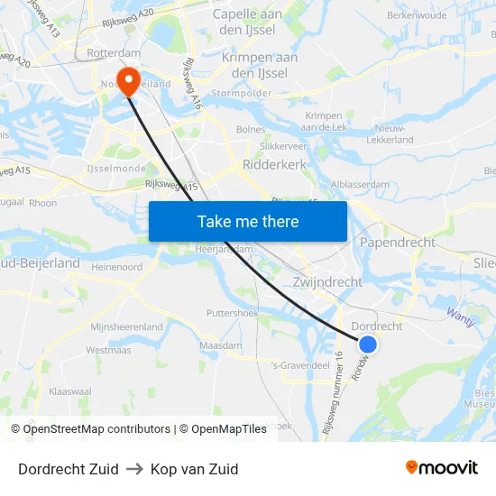 Dordrecht Zuid to Kop van Zuid map