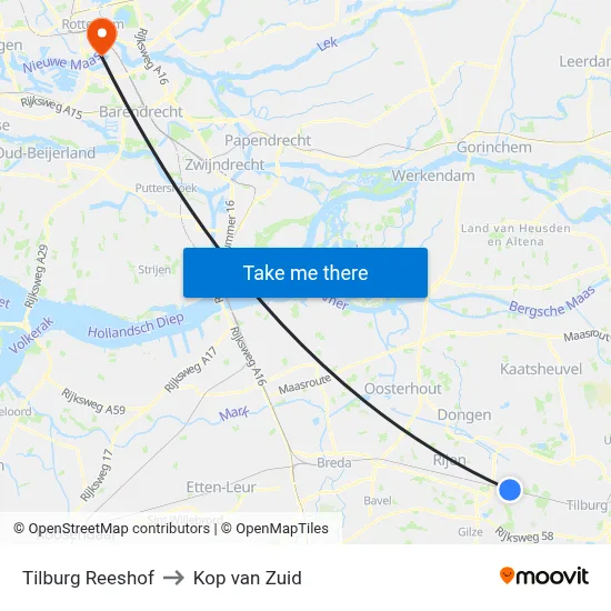 Tilburg Reeshof to Kop van Zuid map