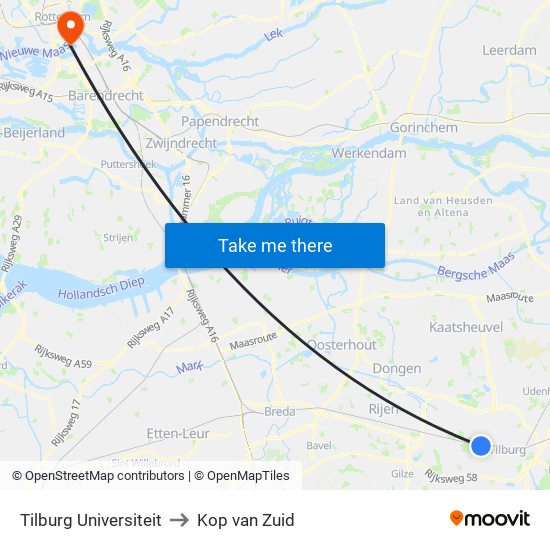 Tilburg Universiteit to Kop van Zuid map