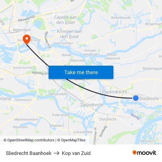 Sliedrecht Baanhoek to Kop van Zuid map