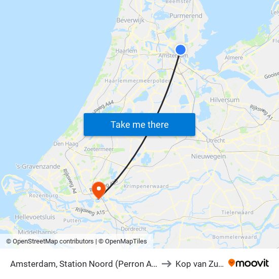 Amsterdam, Station Noord (Perron A2) to Kop van Zuid map