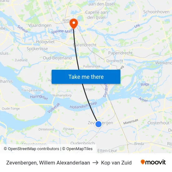 Zevenbergen, Willem Alexanderlaan to Kop van Zuid map