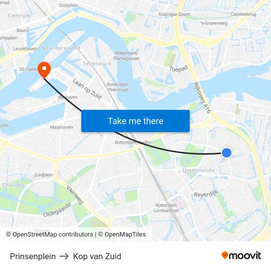Prinsenplein to Kop van Zuid map