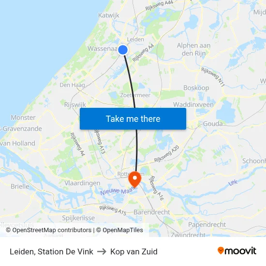 Leiden, Station De Vink to Kop van Zuid map
