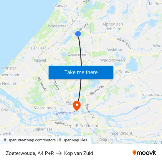 Zoeterwoude, A4 P+R to Kop van Zuid map