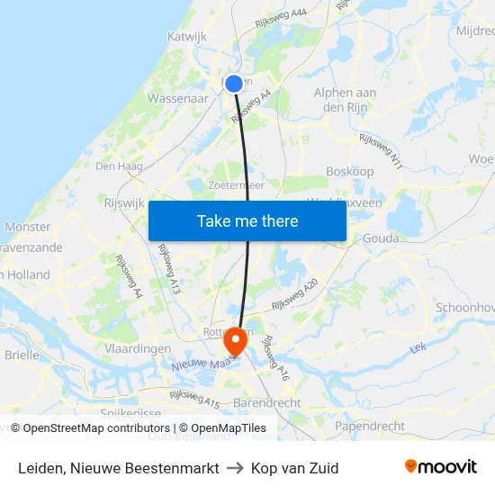 Leiden, Nieuwe Beestenmarkt to Kop van Zuid map
