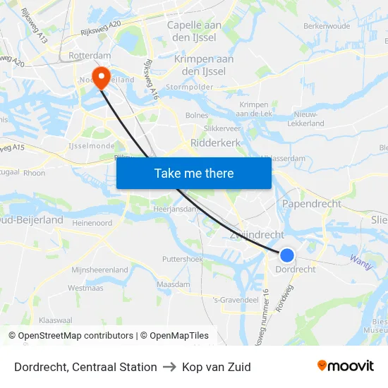 Dordrecht, Centraal Station to Kop van Zuid map