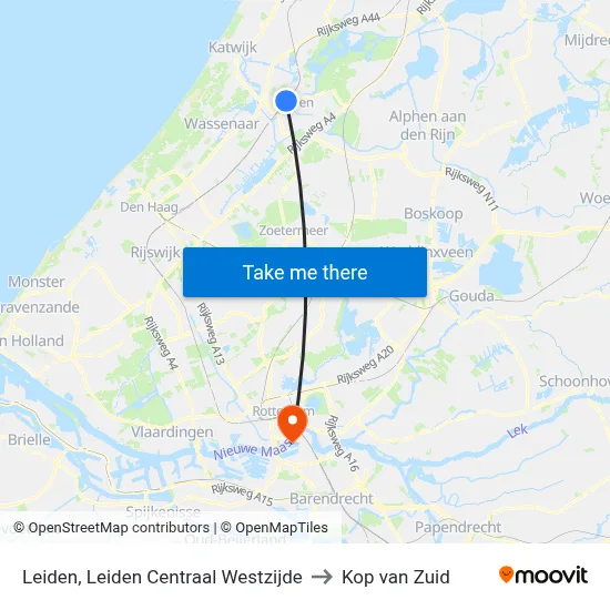 Leiden, Leiden Centraal Westzijde to Kop van Zuid map
