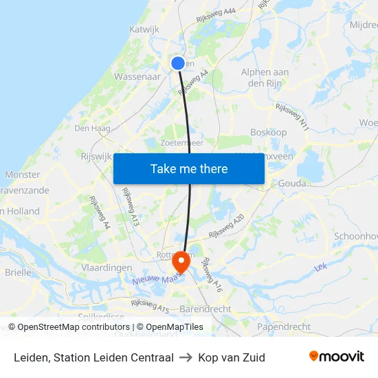 Leiden, Station Leiden Centraal to Kop van Zuid map