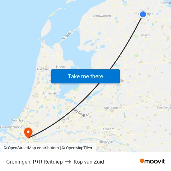 Groningen, P+R Reitdiep to Kop van Zuid map